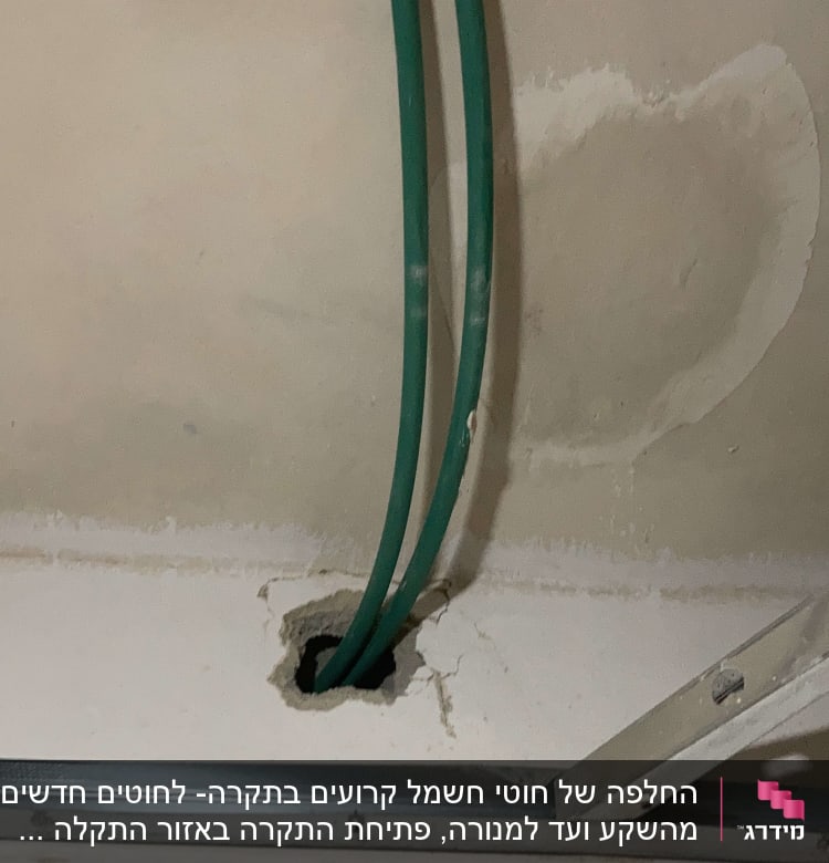 שני כבלים ירוקים יוצאים מקיר דרך חור